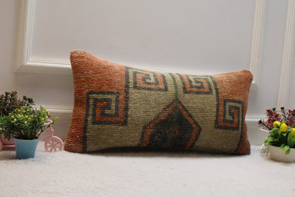 Geometric Turkish Rug Lumbar Pillow Cover: Upcycled Woven Wool (12x24in)