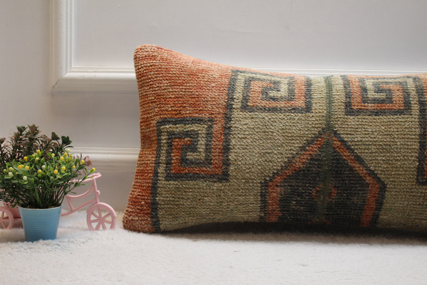 Geometric Turkish Rug Lumbar Pillow Cover: Upcycled Woven Wool (12x24in)