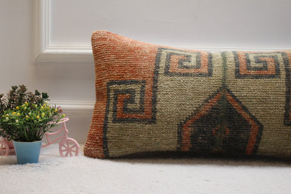 Geometric Turkish Rug Lumbar Pillow Cover: Upcycled Woven Wool (12x24in)