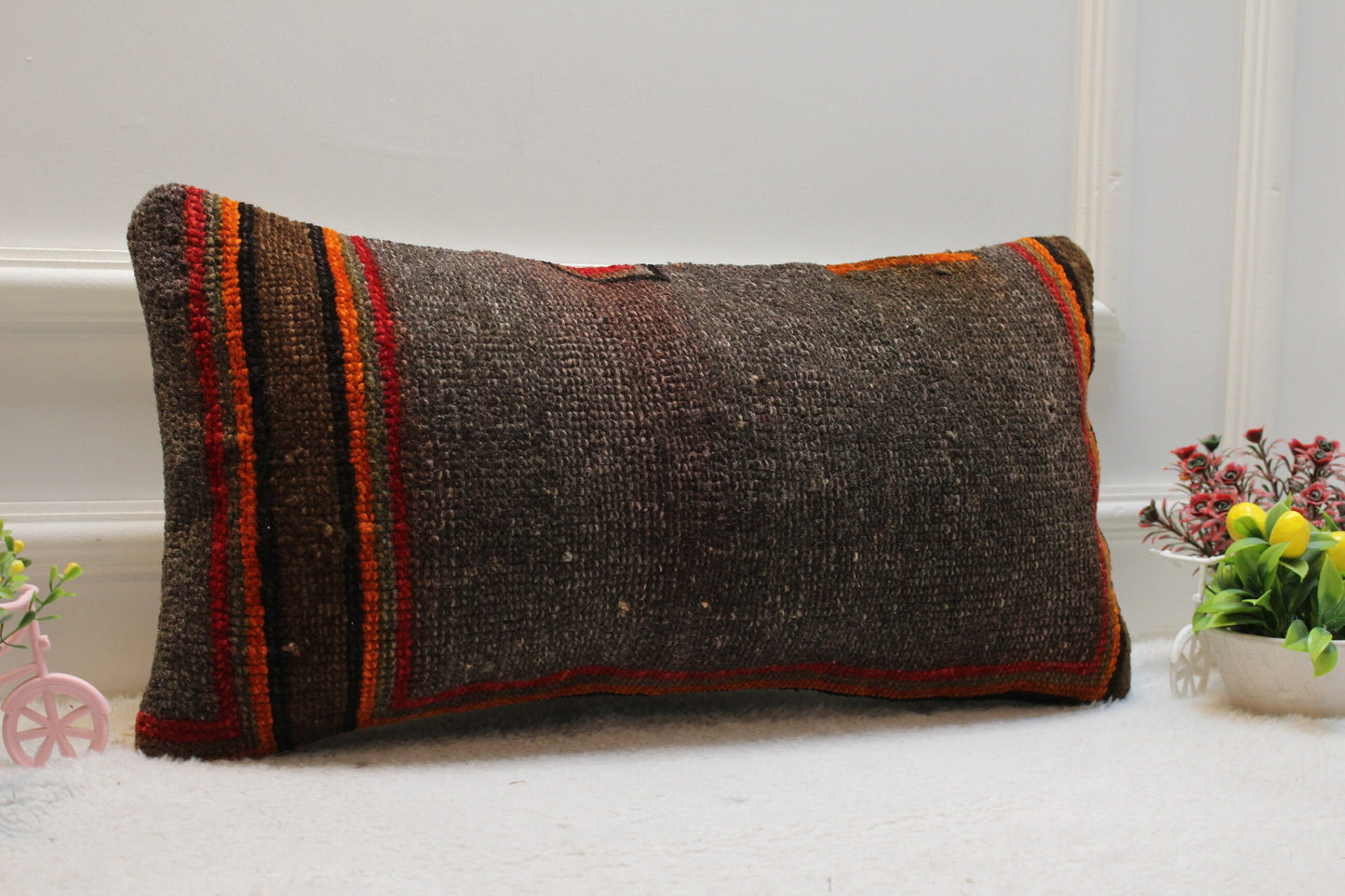 Handwoven Kilim Pillow Cover: Organic Wool Turkish Rug (12x24 inc)