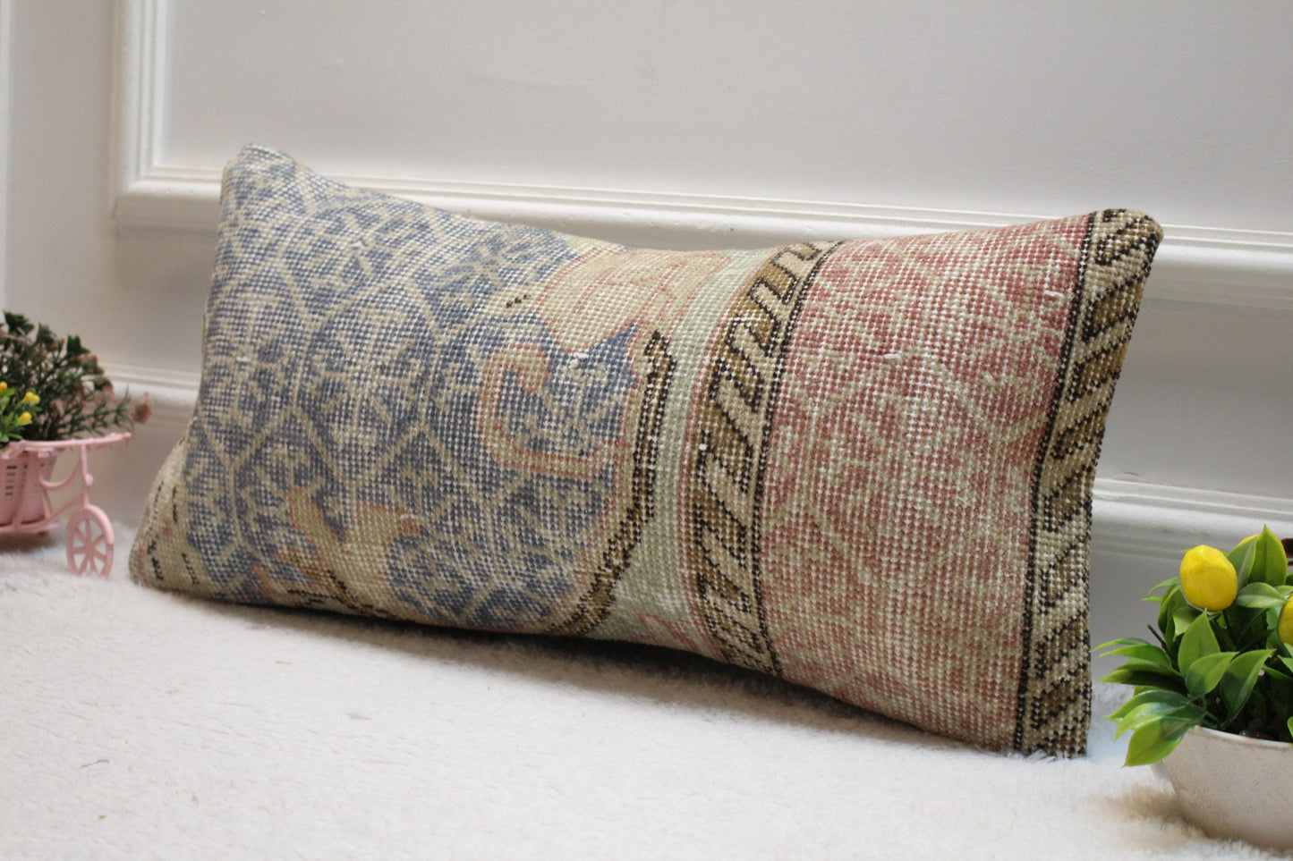 Handmade Kilim Lumbar Pillow Cover: Upcycled Wool, 12x24 inch