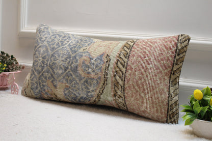 Handmade Kilim Lumbar Pillow Cover: Upcycled Wool, 12x24 inch