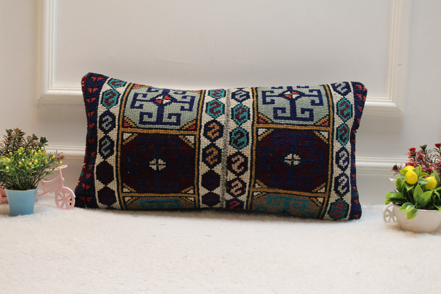 Handwoven Kilim Lumbar Pillow Cover: Geometric Wool Couch Pillow (12x24 in)