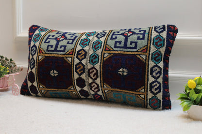 Handwoven Kilim Lumbar Pillow Cover: Geometric Wool Couch Pillow (12x24 in)