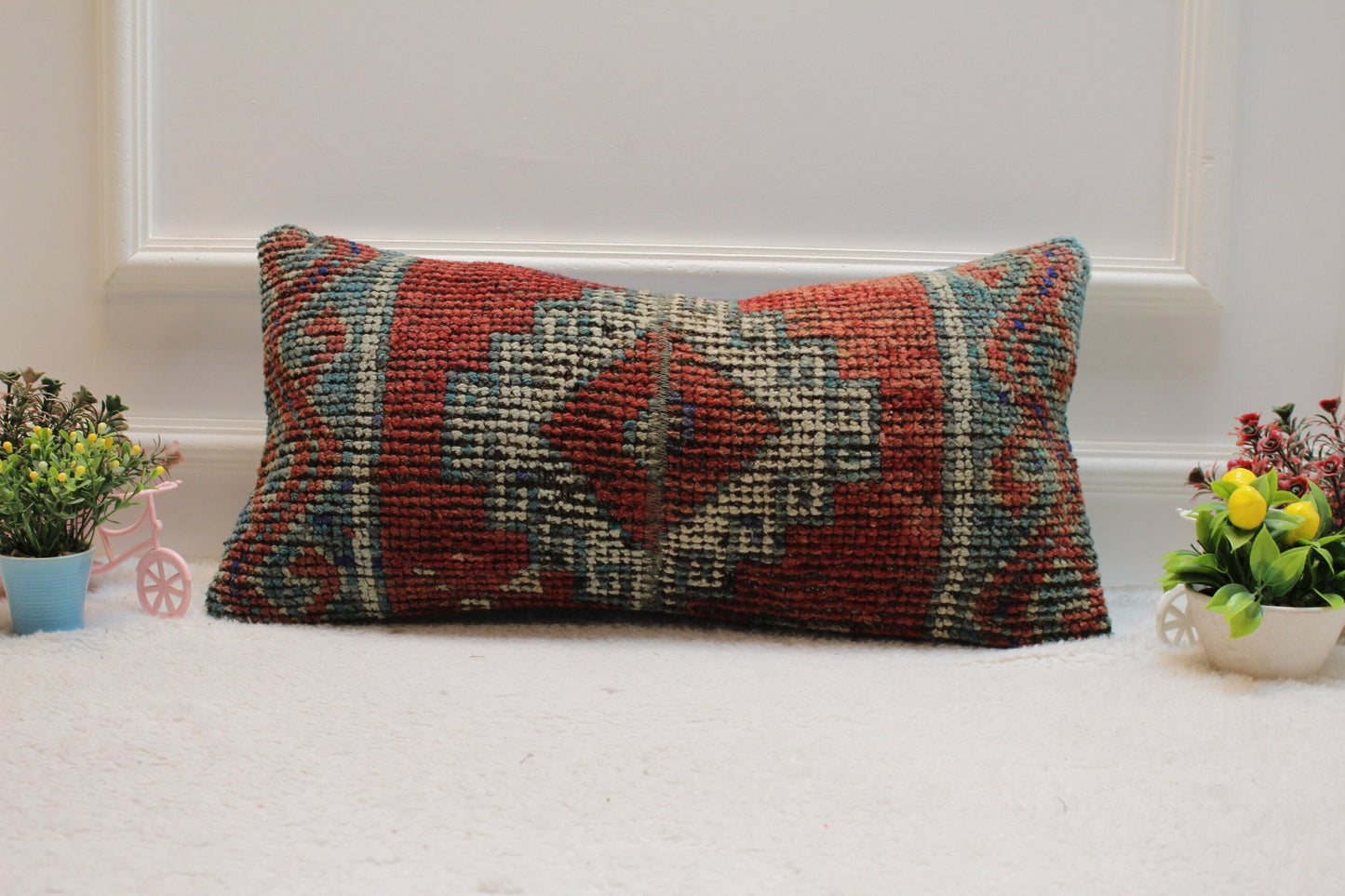 Handwoven Red Wool Lumbar Pillow Cover: Turkish Kilim Rug, 12x24 inc
