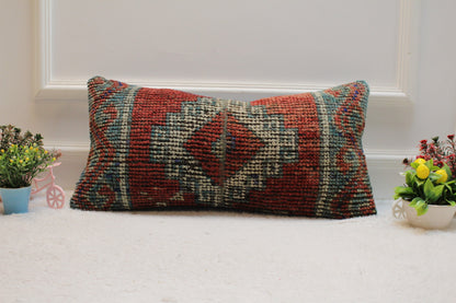 Handwoven Red Wool Lumbar Pillow Cover: Turkish Kilim Rug, 12x24 inc