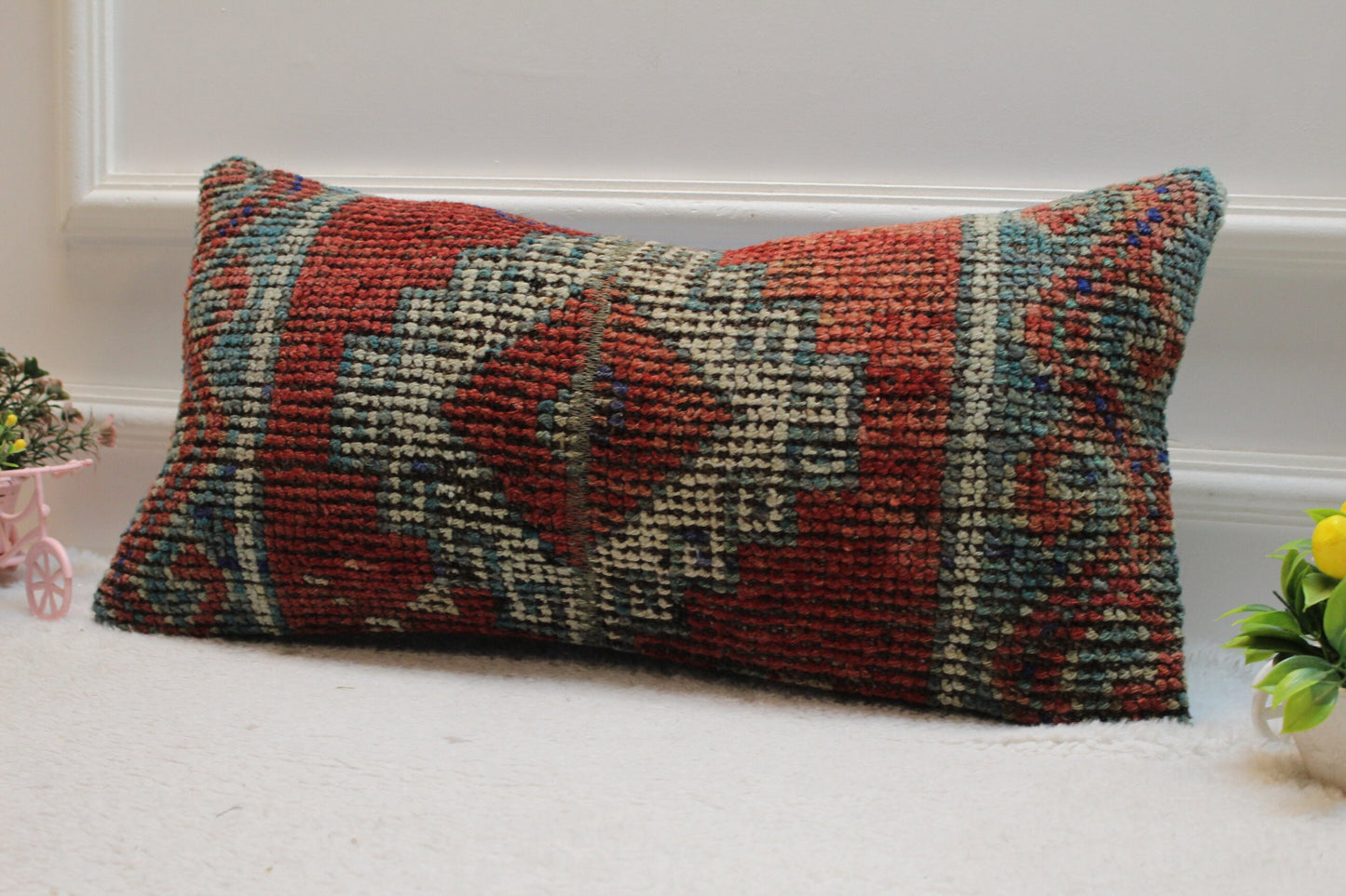 Handwoven Red Wool Lumbar Pillow Cover: Turkish Kilim Rug, 12x24 inc
