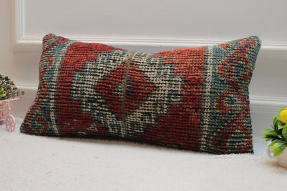 Handwoven Red Wool Lumbar Pillow Cover: Turkish Kilim Rug, 12x24 inc