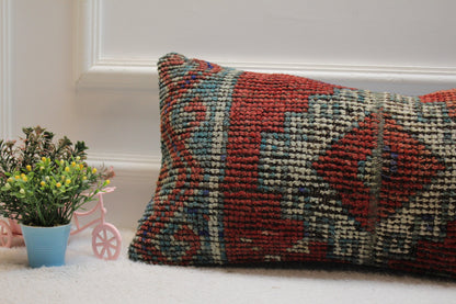Handwoven Red Wool Lumbar Pillow Cover: Turkish Kilim Rug, 12x24 inc