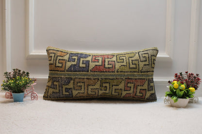 Vintage Turkish Rug Lumbar Pillow Cover: Geometric Kilim, 12x24 inch