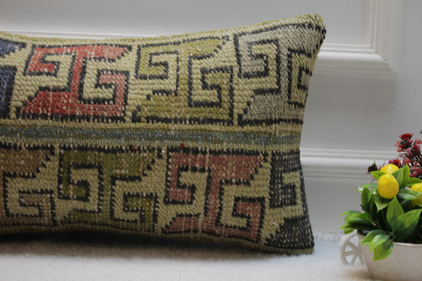 Vintage Turkish Rug Lumbar Pillow Cover: Geometric Kilim, 12x24 inch