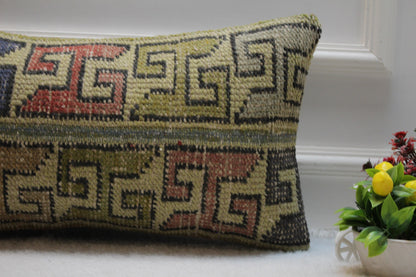 Vintage Turkish Rug Lumbar Pillow Cover: Geometric Kilim, 12x24 inch
