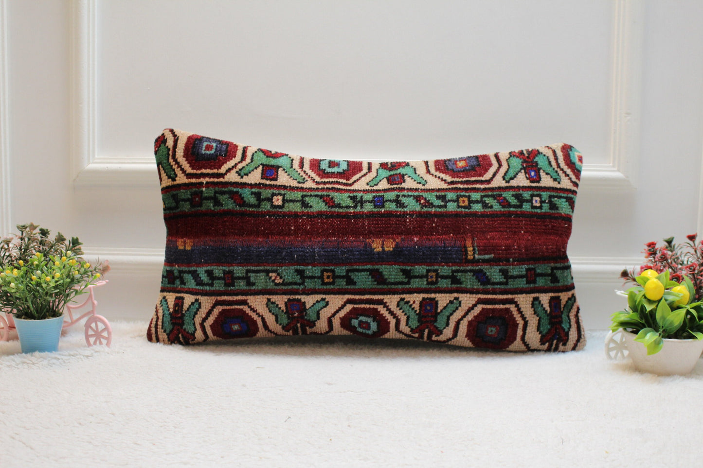 Handmade Turkish Rug Lumbar Pillow Cover: Vintage Patchwork Design (12x24 inc)