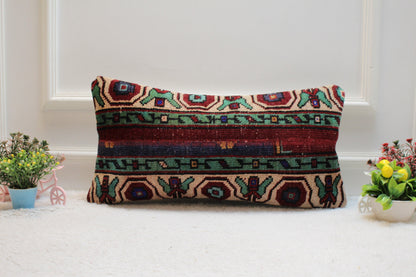 Handmade Turkish Rug Lumbar Pillow Cover: Vintage Patchwork Design (12x24 inc)