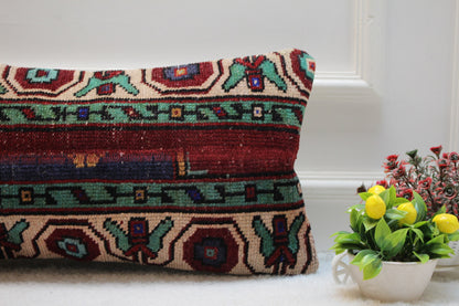 Handmade Turkish Rug Lumbar Pillow Cover: Vintage Patchwork Design (12x24 inc)