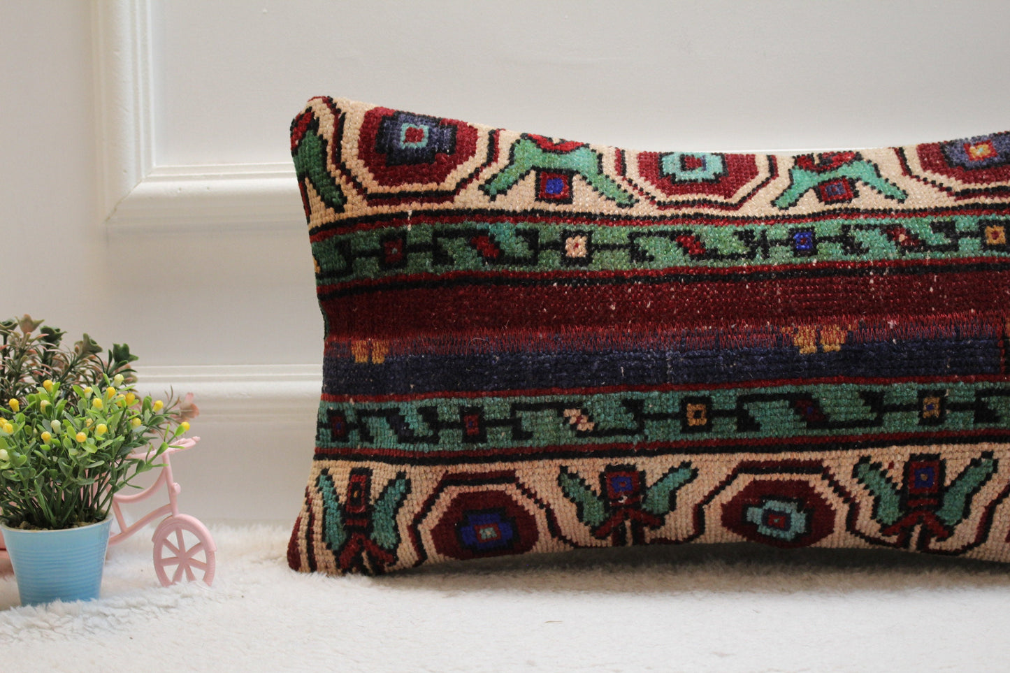 Handmade Turkish Rug Lumbar Pillow Cover: Vintage Patchwork Design (12x24 inc)