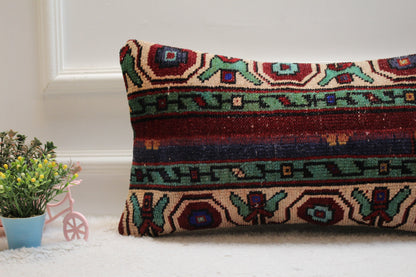 Handmade Turkish Rug Lumbar Pillow Cover: Vintage Patchwork Design (12x24 inc)