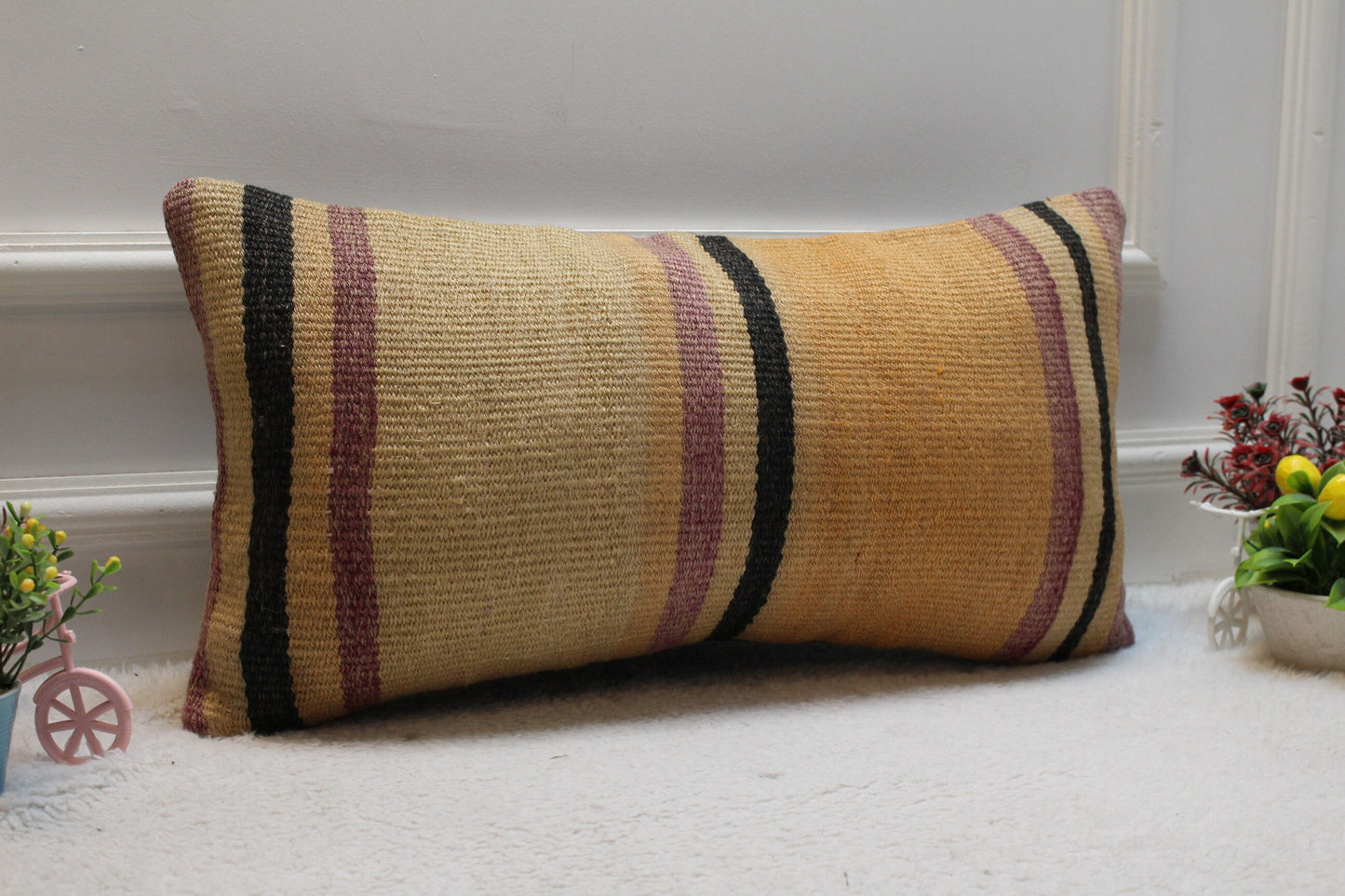 Handmade Orange Kilim Lumbar Pillow Cover: Vintage Turkish Rug, 12x24 inch