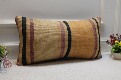 Handmade Orange Kilim Lumbar Pillow Cover: Vintage Turkish Rug, 12x24 inch