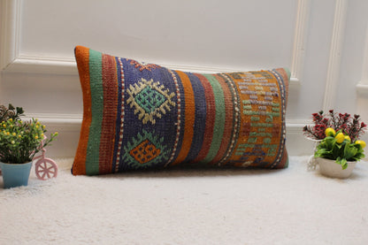 Vintage Kilim Lumbar Pillow Cover: Blue & Orange Woven Rug, 12x24 inc