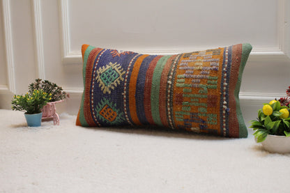 Vintage Kilim Lumbar Pillow Cover: Blue & Orange Woven Rug, 12x24 inc