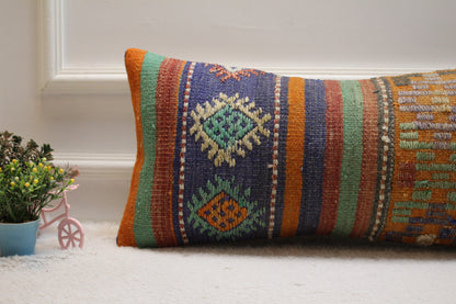 Vintage Kilim Lumbar Pillow Cover: Blue & Orange Woven Rug, 12x24 inc