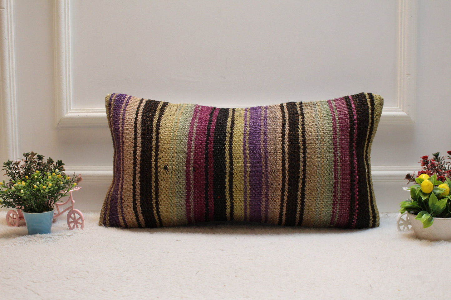 Striped Kilim Pillow Cover: Handmade Upcycled Wool, Purple Black Beige (12x24 in)