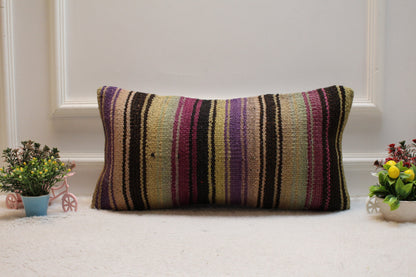 Striped Kilim Pillow Cover: Handmade Upcycled Wool, Purple Black Beige (12x24 in)