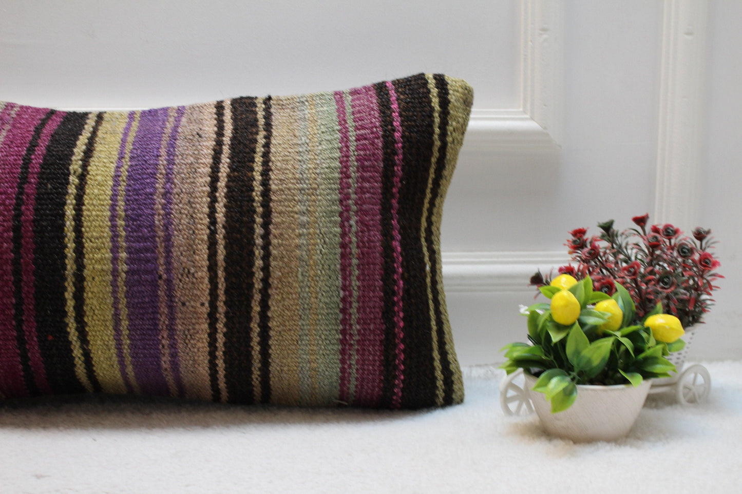 Striped Kilim Pillow Cover: Handmade Upcycled Wool, Purple Black Beige (12x24 in)