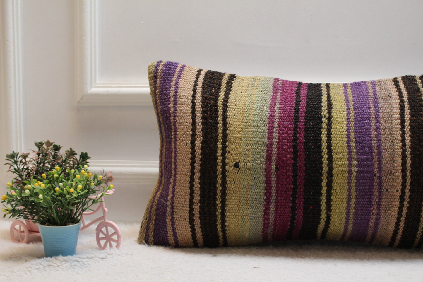 Striped Kilim Pillow Cover: Handmade Upcycled Wool, Purple Black Beige (12x24 in)