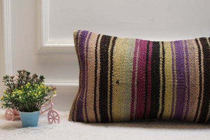 Striped Kilim Pillow Cover: Handmade Upcycled Wool, Purple Black Beige (12x24 in)
