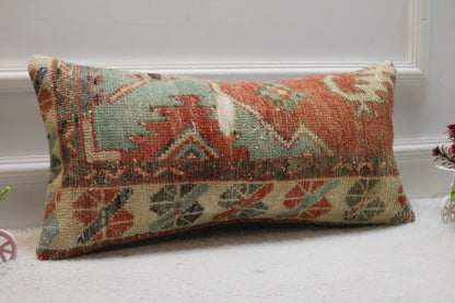 Handmade Turkish Rug Lumbar Pillow Cover: Geometric Kilim Design (12x24 in)