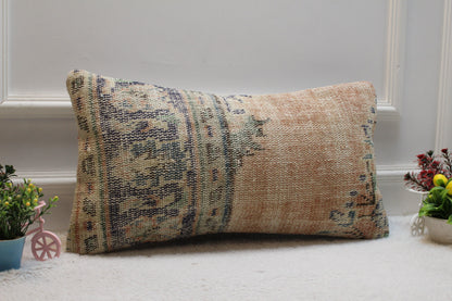 Orange & Blue Turkish Rug Pillow Cover: Vintage Wool Lumbar Pillow (12x24 in)