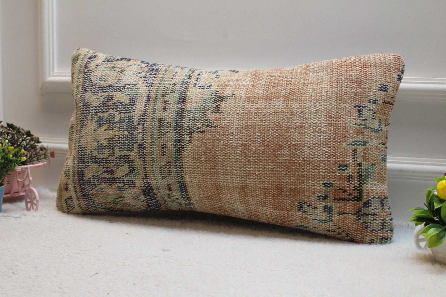 Orange & Blue Turkish Rug Pillow Cover: Vintage Wool Lumbar Pillow (12x24 in)