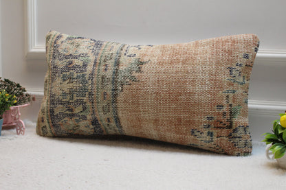 Orange & Blue Turkish Rug Pillow Cover: Vintage Wool Lumbar Pillow (12x24 in)