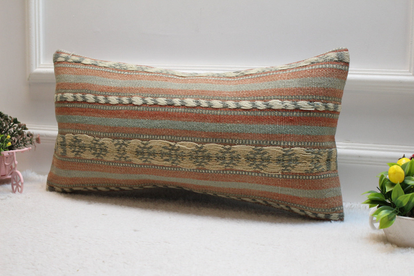 Handmade Kilim Lumbar Pillow Cover: Vintage Turkish Wool, 12x24