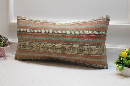 Handmade Kilim Lumbar Pillow Cover: Vintage Turkish Wool, 12x24