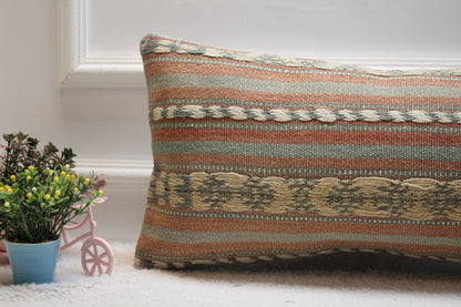 Handmade Kilim Lumbar Pillow Cover: Vintage Turkish Wool, 12x24