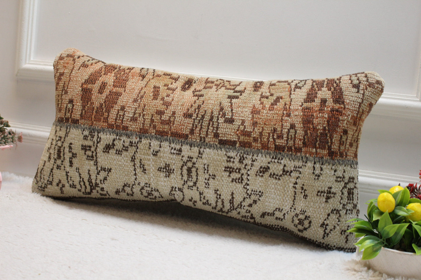Floral Turkish Rug Lumbar Pillow Cover: Handmade Wool, 12x24 inch