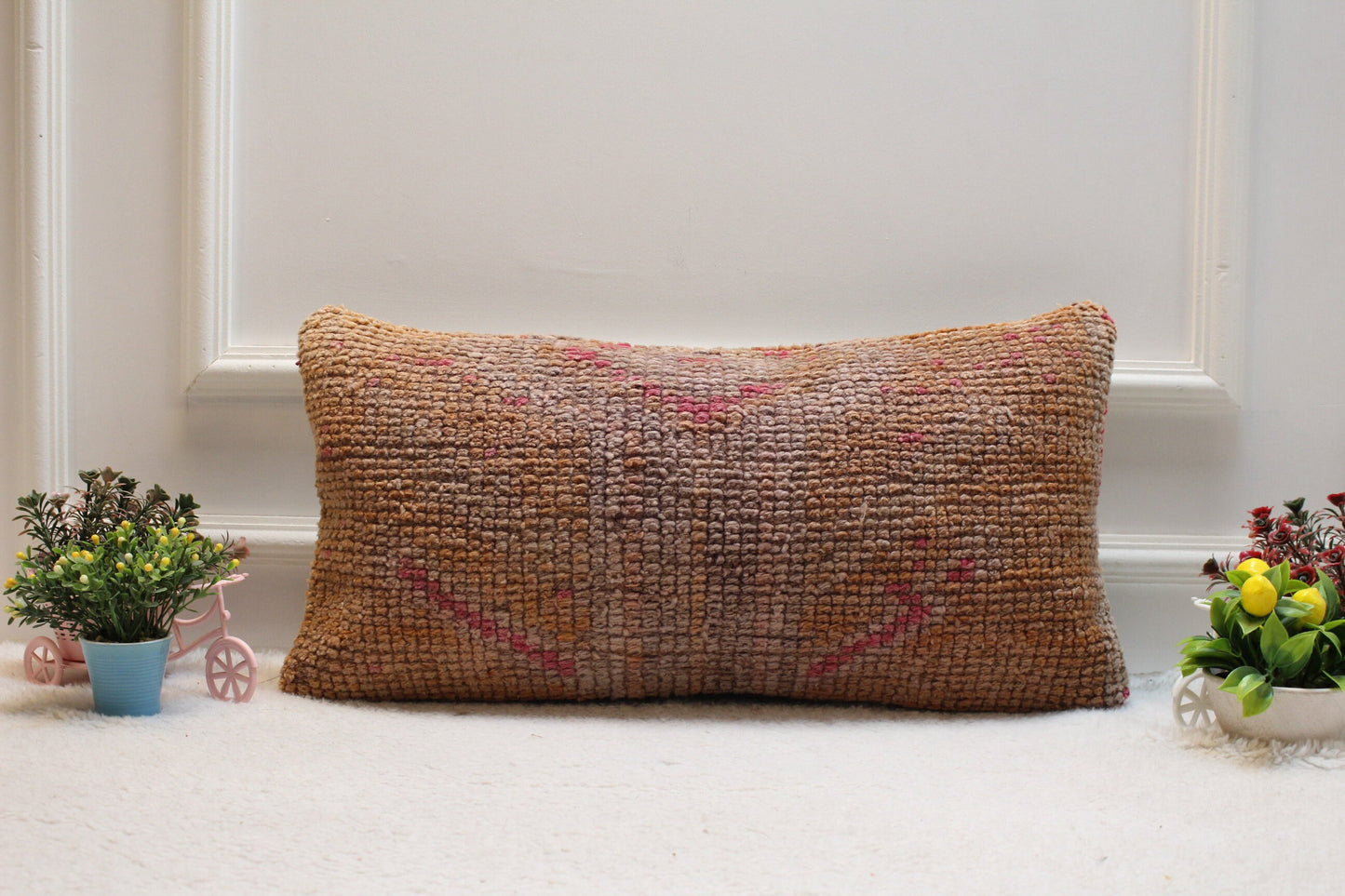 Handmade Orange Turkish Rug Lumbar Pillow Cover: Upcycled Wool, 12x24