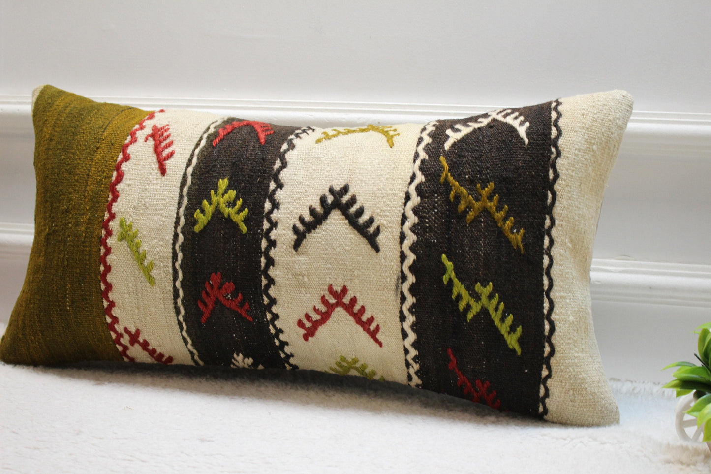 Handmade Kilim Lumbar Pillow Cover: Ethnic Woven Rug Design, 12x24 inch