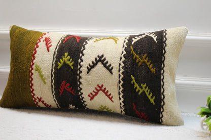 Handmade Kilim Lumbar Pillow Cover: Ethnic Woven Rug Design, 12x24 inch