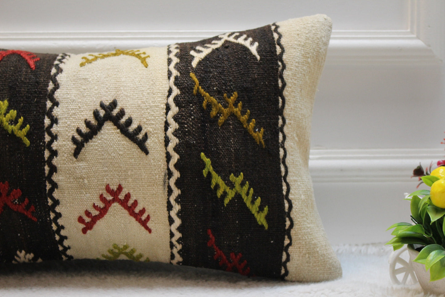 Handmade Kilim Lumbar Pillow Cover: Ethnic Woven Rug Design, 12x24 inch