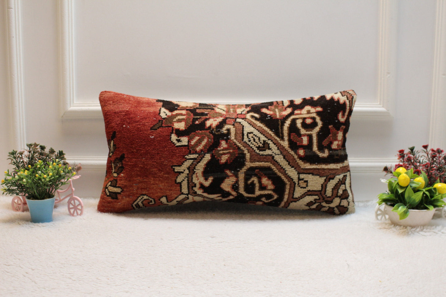 Handmade Red & Black Turkish Rug Lumbar Pillow Cover (12x24 in)