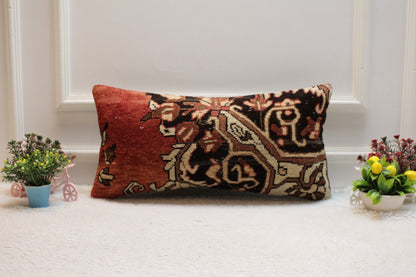 Handmade Red & Black Turkish Rug Lumbar Pillow Cover (12x24 in)