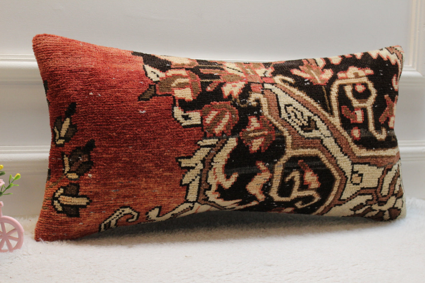 Handmade Red & Black Turkish Rug Lumbar Pillow Cover (12x24 in)
