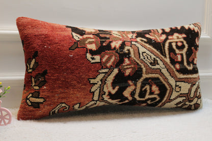 Handmade Red & Black Turkish Rug Lumbar Pillow Cover (12x24 in)