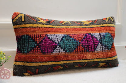 Vivid Turkish Rug Lumbar Pillow Cover: Colorful Wool Throw Pillow (12x24 in)