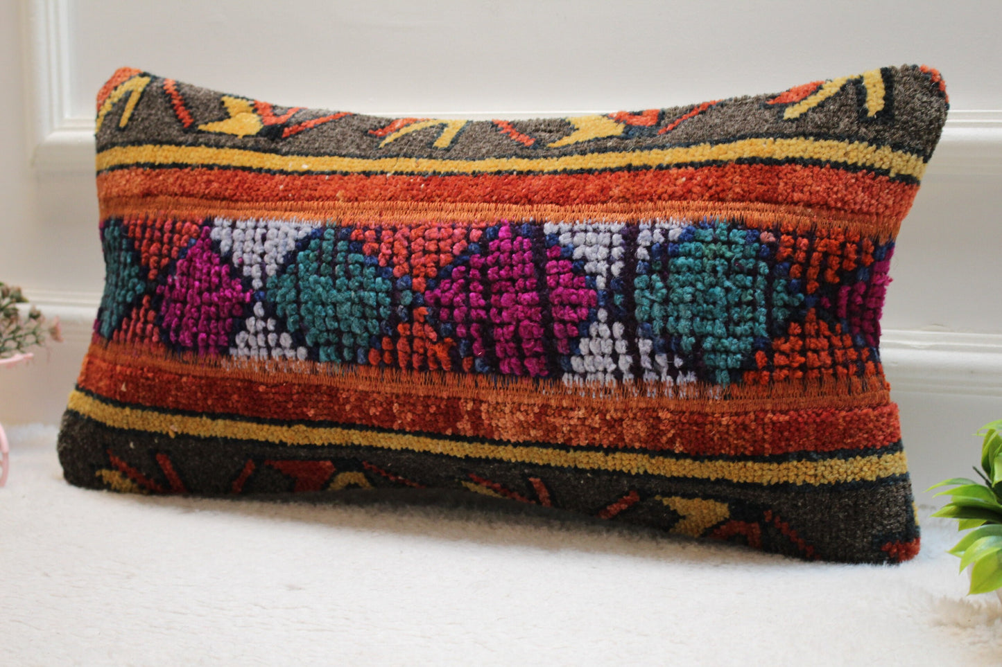 Vivid Turkish Rug Lumbar Pillow Cover: Colorful Wool Throw Pillow (12x24 in)