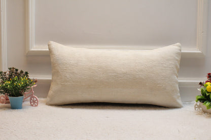 Handmade White Wool Lumbar Pillow Cover: Upcycled Kilim Rug